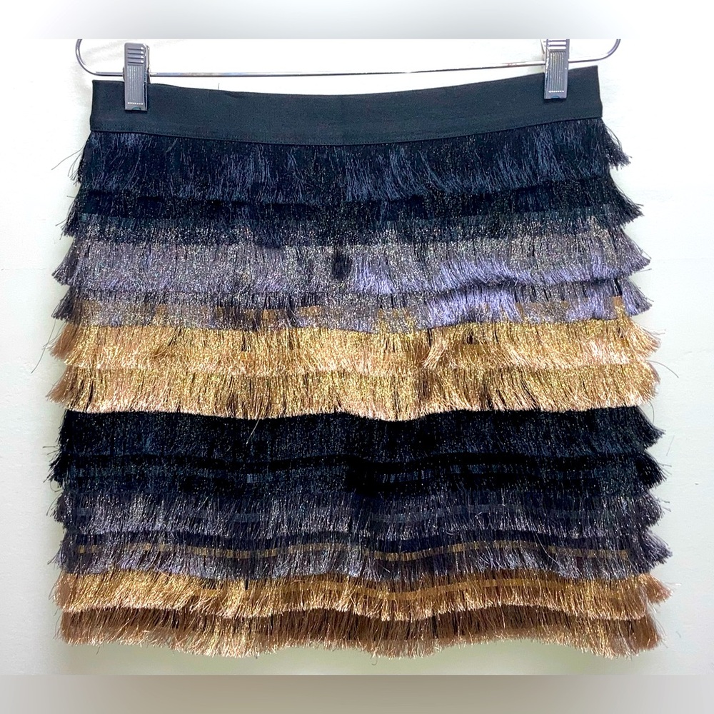 BCBG Max Azaria Womens Glitter Fringe Mini Skirt In Silver, Gold And Black Sz S